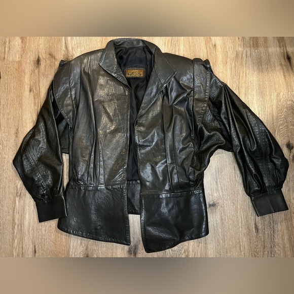 Vintage Womens Black Leather Jacket Puff Sleeve Padded Shoulder Saint Denis L 10 - Picture 1 of 9
